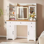 Tocador con espejo LED, mesa de maquillaje de 47.24 pulgadas con 5 cajones, 3 estantes de almacenamiento, 2 vitrinas, tocador estilo granja