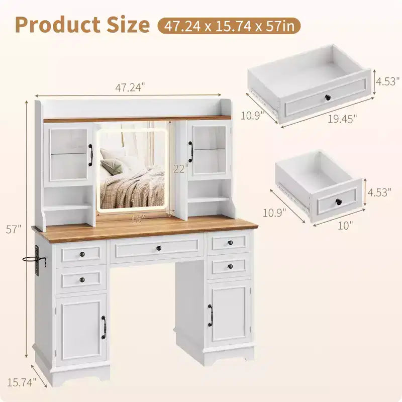Tocador con espejo LED, mesa de maquillaje de 47.24 pulgadas con 5 cajones, 3 estantes de almacenamiento, 2 vitrinas, tocador estilo granja