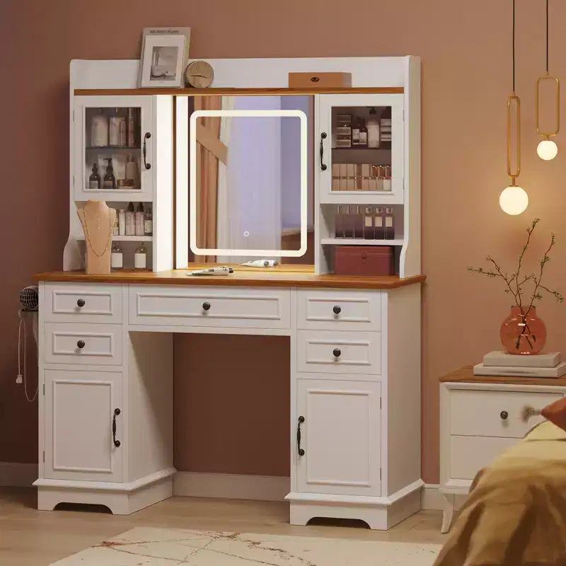 Tocador con espejo LED, mesa de maquillaje de 47.24 pulgadas con 5 cajones, 3 estantes de almacenamiento, 2 vitrinas, tocador estilo granja