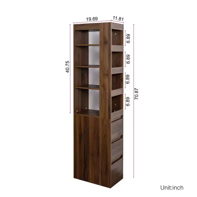 Estantería de madera de 179.9 cm de alto con 4 estantes y 3 cajones