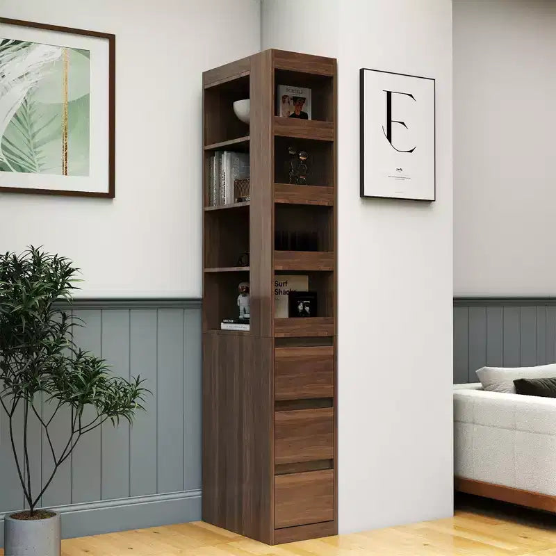 Estantería de madera de 179.9 cm de alto con 4 estantes y 3 cajones