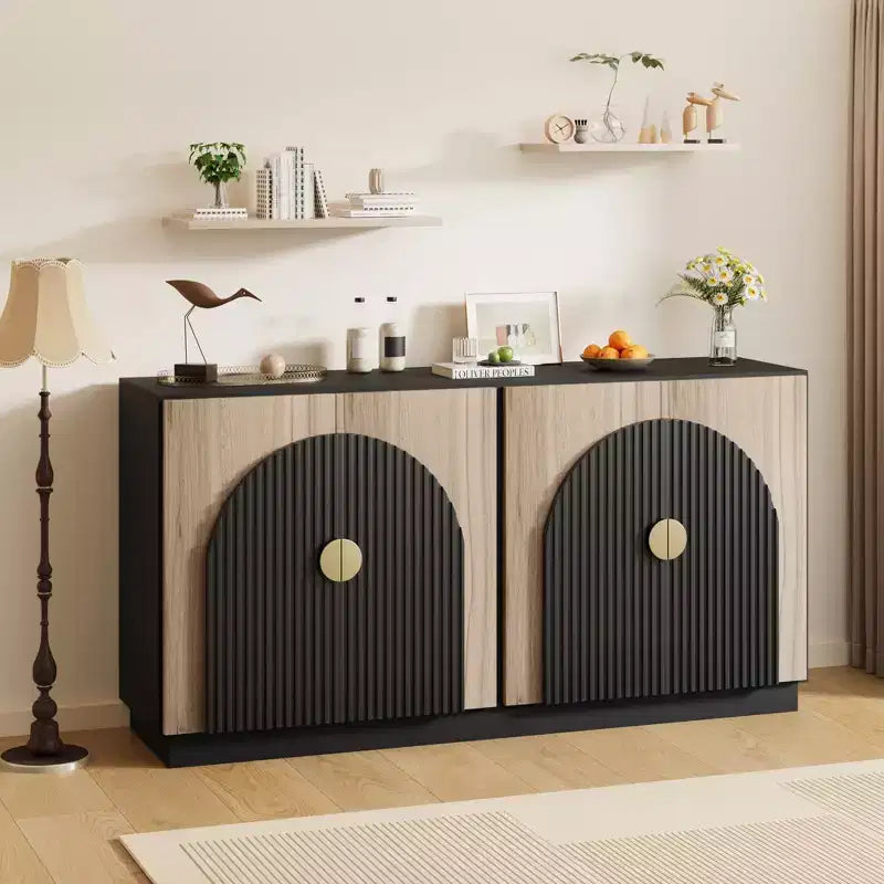 Aparador moderno de mediados de siglo con diseño estriado y puertas arqueadas, aparador de almacenamiento para comedor, sala de estar, cocina, aparador modular