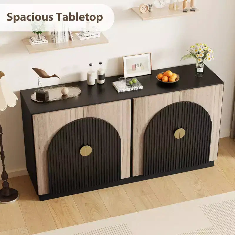 Aparador moderno de mediados de siglo con diseño estriado y puertas arqueadas, aparador de almacenamiento para comedor, sala de estar, cocina, aparador modular