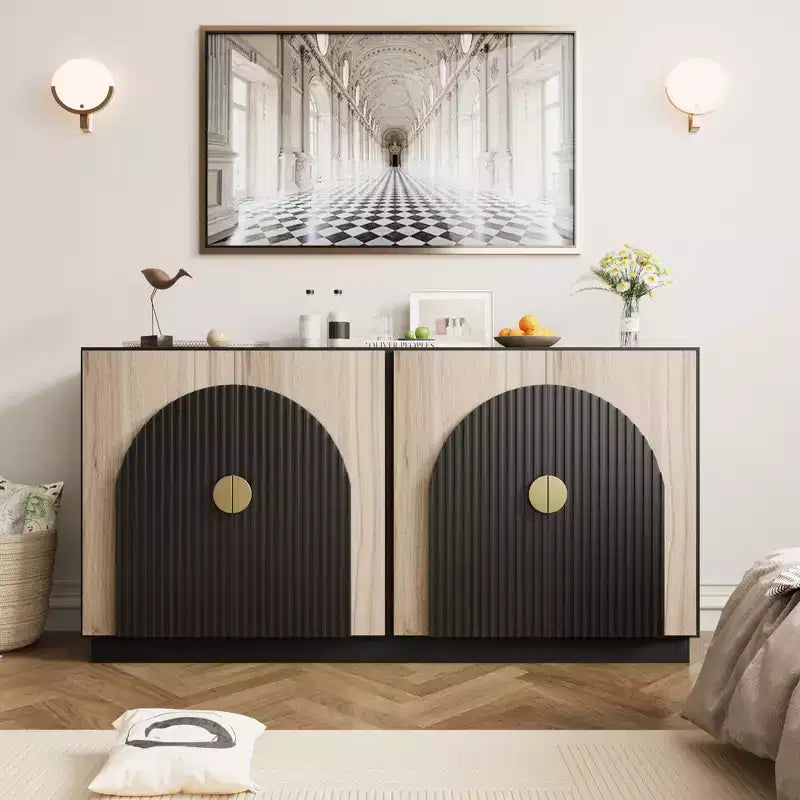 Aparador moderno de mediados de siglo con diseño estriado y puertas arqueadas, aparador de almacenamiento para comedor, sala de estar, cocina, aparador modular
