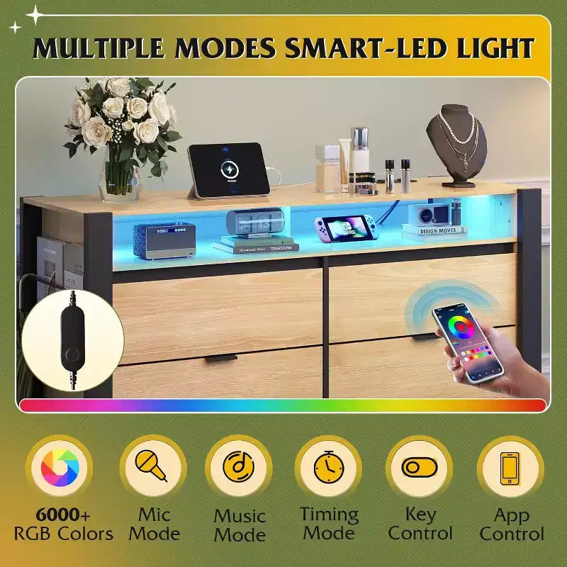 Cómoda organizadora de almacenamiento de madera blanca de 50.79'' con 6 cajones y luces LED, con tomas de corriente (compatible con TV de 55'') para dormitorio, armario y sala de estar