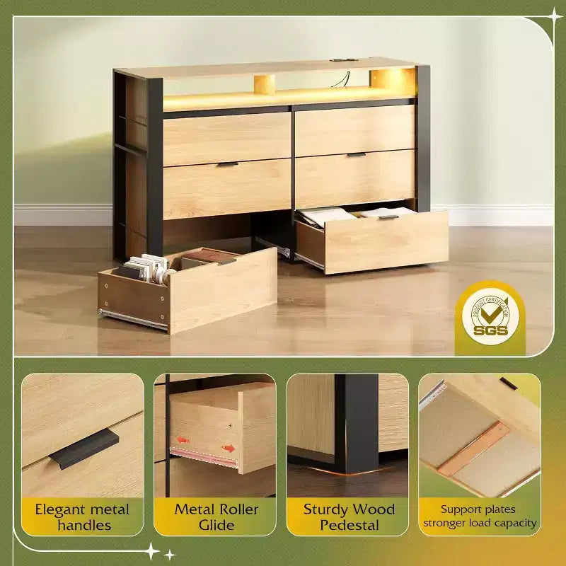 Cómoda organizadora de almacenamiento de madera blanca de 50.79'' con 6 cajones y luces LED, con tomas de corriente (compatible con TV de 55'') para dormitorio, armario y sala de estar