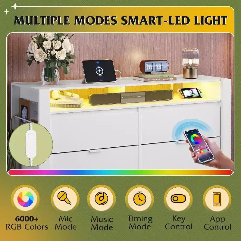 Cómoda organizadora de almacenamiento de madera blanca de 50.79'' con 6 cajones y luces LED, con tomas de corriente (compatible con TV de 55'') para dormitorio, armario y sala de estar
