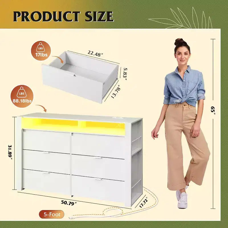 Cómoda organizadora de almacenamiento de madera blanca de 50.79'' con 6 cajones y luces LED, con tomas de corriente (compatible con TV de 55'') para dormitorio, armario y sala de estar