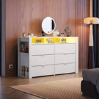 Cómoda organizadora de almacenamiento de madera blanca de 50.79'' con 6 cajones y luces LED, con tomas de corriente (compatible con TV de 55'') para dormitorio, armario y sala de estar