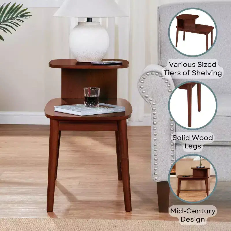 Mesa auxiliar Belmont de tres niveles con cajón de almacenamiento oculto, dos estantes y pomo de níquel, perfecta para organizar artículos esenciales