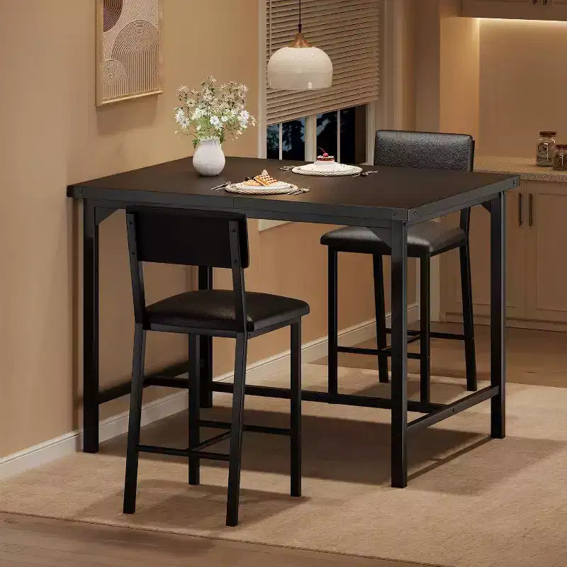 Mesa de Comedor para 2 con Reposapiés y Respaldo, Mesa Alta de Cocina, 2 Sillas de Bar Tapizadas, Protectores de Esquina, Espacio Pequeño, Color Retro