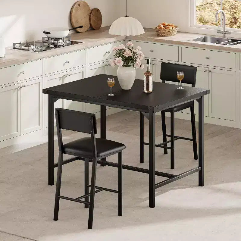 Mesa de Comedor para 2 con Reposapiés y Respaldo, Mesa Alta de Cocina, 2 Sillas de Bar Tapizadas, Protectores de Esquina, Espacio Pequeño, Color Retro