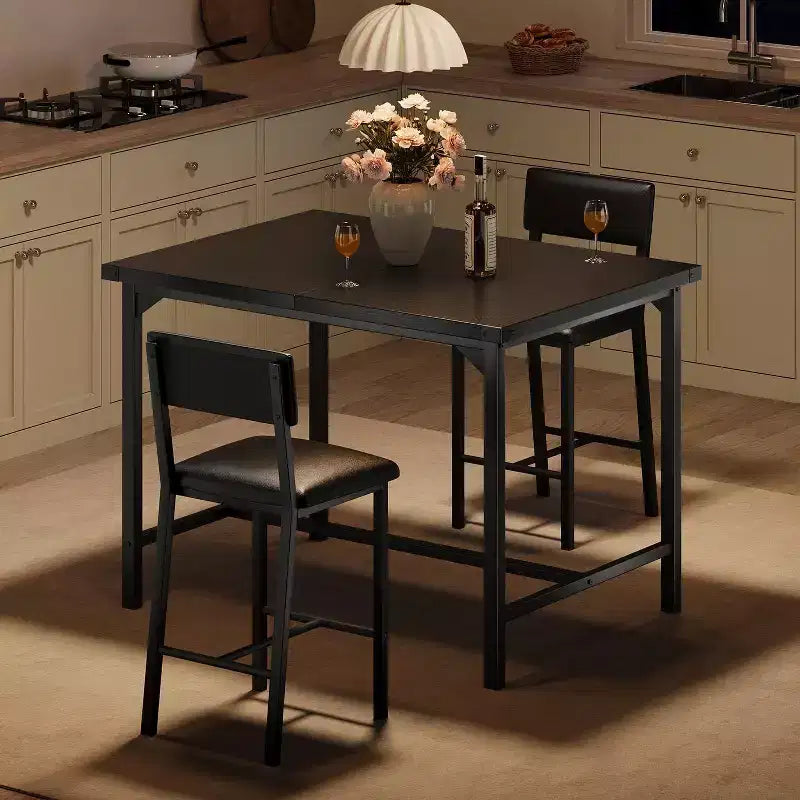Acekool Dining Table Set for 2 with Footrest & Backrest, Counter Height Table, 2 Upholstered Bar Chairs, Corner Guards, Small Space, Retro color