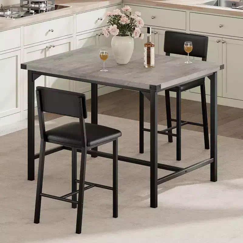 Mesa de Comedor para 2 con Reposapiés y Respaldo, Mesa Alta de Cocina, 2 Sillas de Bar Tapizadas, Protectores de Esquina, Espacio Pequeño, Color Retro