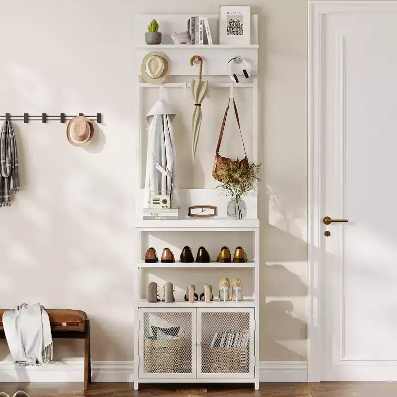 Mueble recibidor Hall Tree de 31.5 pulgadas con perchero, consola con estantes de almacenamiento de 2 niveles, organizador de zapatos, 7 ganchos y gabinete de malla para vestíbulo/entrada