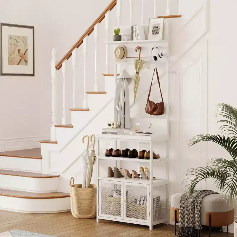Mueble recibidor Hall Tree de 31.5 pulgadas con perchero, consola con estantes de almacenamiento de 2 niveles, organizador de zapatos, 7 ganchos y gabinete de malla para vestíbulo/entrada