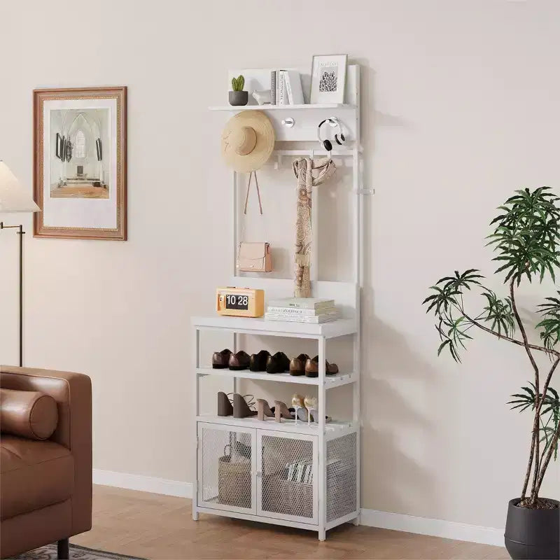 Mueble recibidor Hall Tree de 31.5 pulgadas con perchero, consola con estantes de almacenamiento de 2 niveles, organizador de zapatos, 7 ganchos y gabinete de malla para vestíbulo/entrada