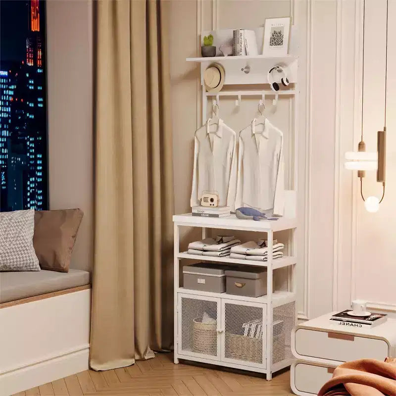 Mueble recibidor Hall Tree de 31.5 pulgadas con perchero, consola con estantes de almacenamiento de 2 niveles, organizador de zapatos, 7 ganchos y gabinete de malla para vestíbulo/entrada