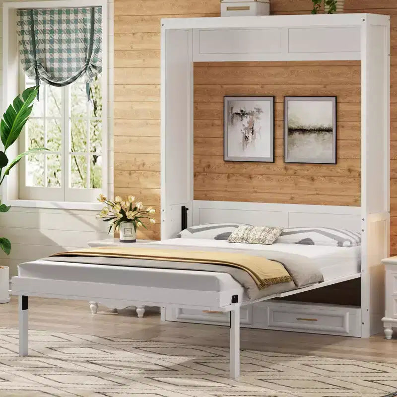 ModernLuxe Full Size Murphy Bed Wall Bed Frame, Wooden Storage Cabinet Bed with 2 Drawers, Beige