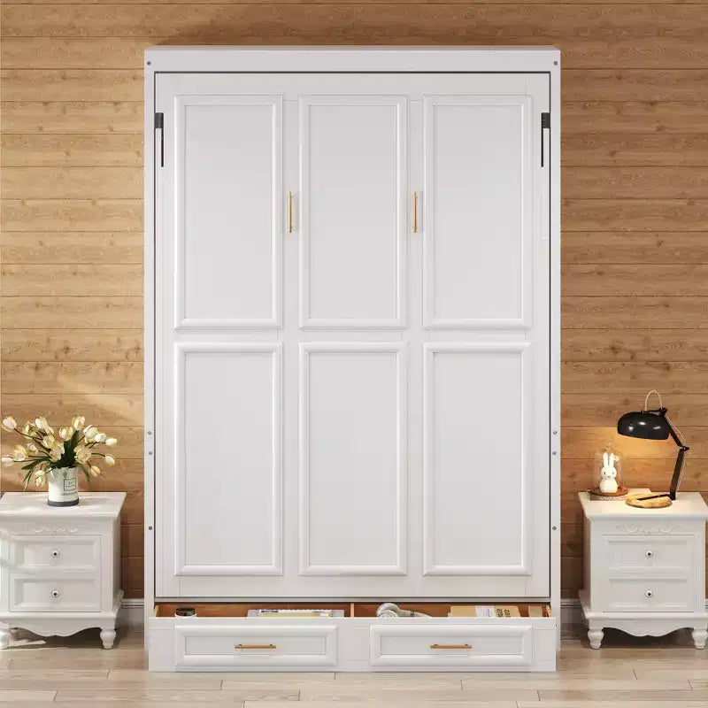 Cama Murphy de tamaño completo con mueble, cama de almacenamiento de madera con 2 cajones, beige