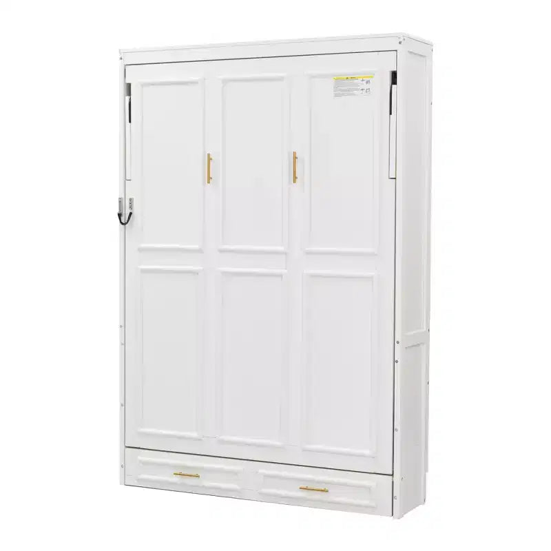 Cama Murphy de tamaño completo con mueble, cama de almacenamiento de madera con 2 cajones, beige