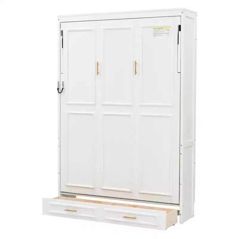 Cama Murphy de tamaño completo con mueble, cama de almacenamiento de madera con 2 cajones, beige