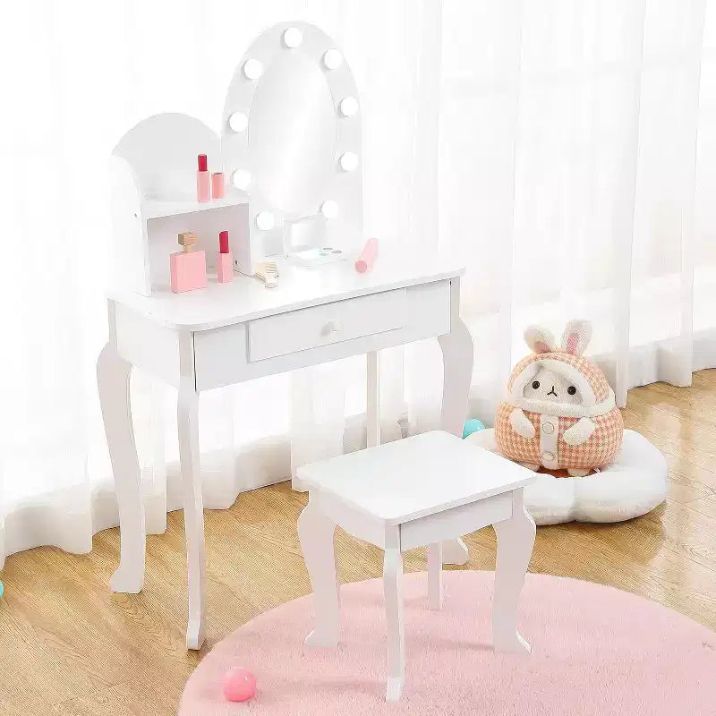 Tocador y taburete para niños pequeños con espejo iluminado, mesa de juegos de maquillaje de simulación para niñas, 2 estantes de almacenamiento abiertos, tocador de madera de princesita