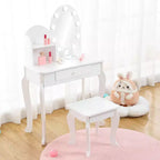 Tocador y taburete para niños pequeños con espejo iluminado, mesa de juegos de maquillaje de simulación para niñas, 2 estantes de almacenamiento abiertos, tocador de madera de princesita
