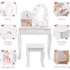 Tocador y taburete para niños pequeños con espejo iluminado, mesa de juegos de maquillaje de simulación para niñas, 2 estantes de almacenamiento abiertos, tocador de madera de princesita