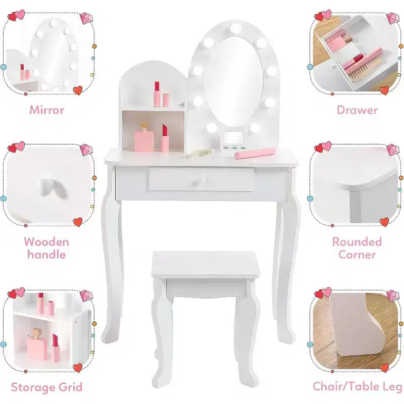 Tocador y taburete para niños pequeños con espejo iluminado, mesa de juegos de maquillaje de simulación para niñas, 2 estantes de almacenamiento abiertos, tocador de madera de princesita