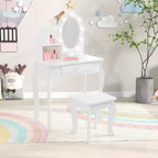 Tocador y taburete para niños pequeños con espejo iluminado, mesa de juegos de maquillaje de simulación para niñas, 2 estantes de almacenamiento abiertos, tocador de madera de princesita