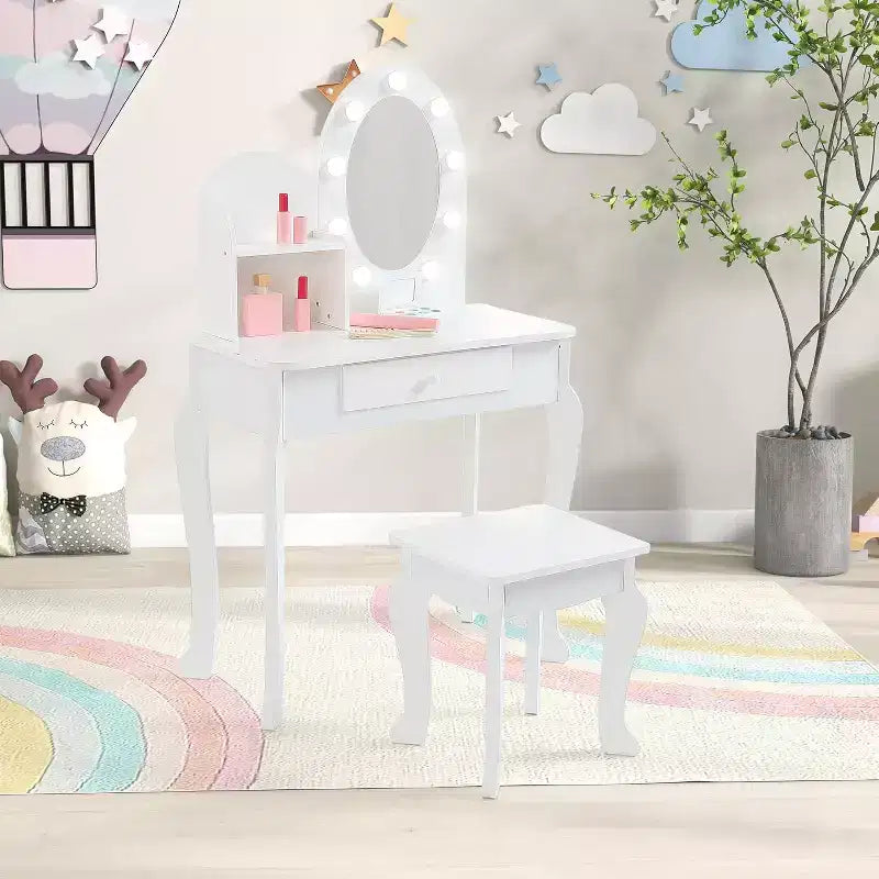Tocador y taburete para niños pequeños con espejo iluminado, mesa de juegos de maquillaje de simulación para niñas, 2 estantes de almacenamiento abiertos, tocador de madera de princesita