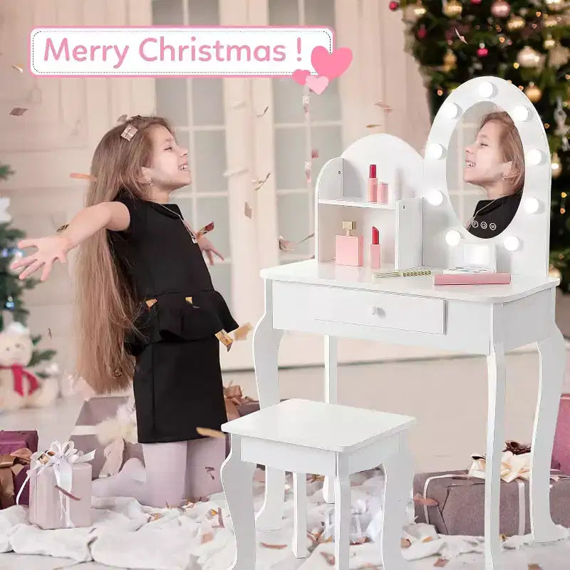 Tocador y taburete para niños pequeños con espejo iluminado, mesa de juegos de maquillaje de simulación para niñas, 2 estantes de almacenamiento abiertos, tocador de madera de princesita