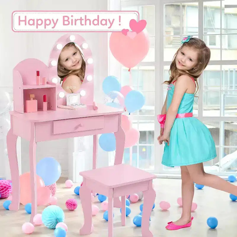 Tocador y taburete para niños pequeños con espejo iluminado, mesa de juegos de maquillaje de simulación para niñas, 2 estantes de almacenamiento abiertos, tocador de madera de princesita