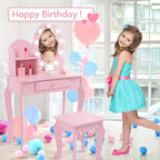 Tocador y taburete para niños pequeños con espejo iluminado, mesa de juegos de maquillaje de simulación para niñas, 2 estantes de almacenamiento abiertos, tocador de madera de princesita