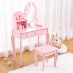 Tocador y taburete para niños pequeños con espejo iluminado, mesa de juegos de maquillaje de simulación para niñas, 2 estantes de almacenamiento abiertos, tocador de madera de princesita