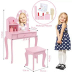 Tocador y taburete para niños pequeños con espejo iluminado, mesa de juegos de maquillaje de simulación para niñas, 2 estantes de almacenamiento abiertos, tocador de madera de princesita