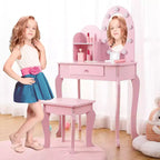 Tocador y taburete para niños pequeños con espejo iluminado, mesa de juegos de maquillaje de simulación para niñas, 2 estantes de almacenamiento abiertos, tocador de madera de princesita