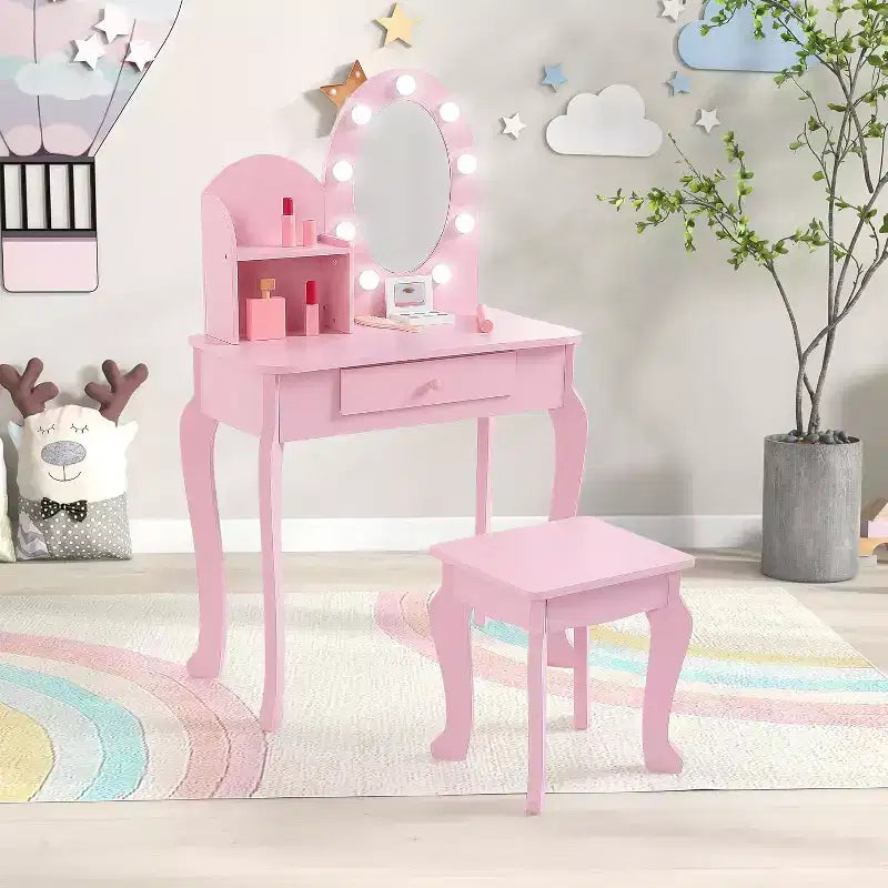 Tocador y taburete para niños pequeños con espejo iluminado, mesa de juegos de maquillaje de simulación para niñas, 2 estantes de almacenamiento abiertos, tocador de madera de princesita