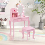 Tocador y taburete para niños pequeños con espejo iluminado, mesa de juegos de maquillaje de simulación para niñas, 2 estantes de almacenamiento abiertos, tocador de madera de princesita