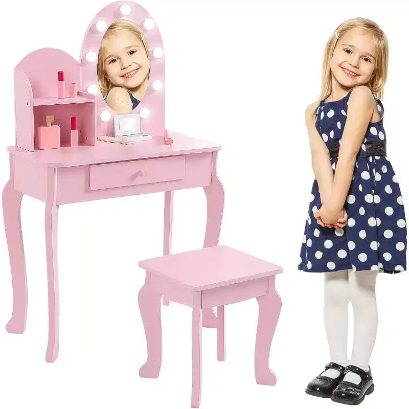 Tocador y taburete para niños pequeños con espejo iluminado, mesa de juegos de maquillaje de simulación para niñas, 2 estantes de almacenamiento abiertos, tocador de madera de princesita
