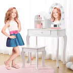 Tocador y taburete para niños pequeños con espejo iluminado, mesa de juegos de maquillaje de simulación para niñas, 2 estantes de almacenamiento abiertos, tocador de madera de princesita