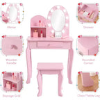 Toddler Vanity & Stool Set with Lighted Mirror, Girls Pretend Makeup Play Table, 2 Open Storage Shelves, Wooden Little Princess Dressing Table