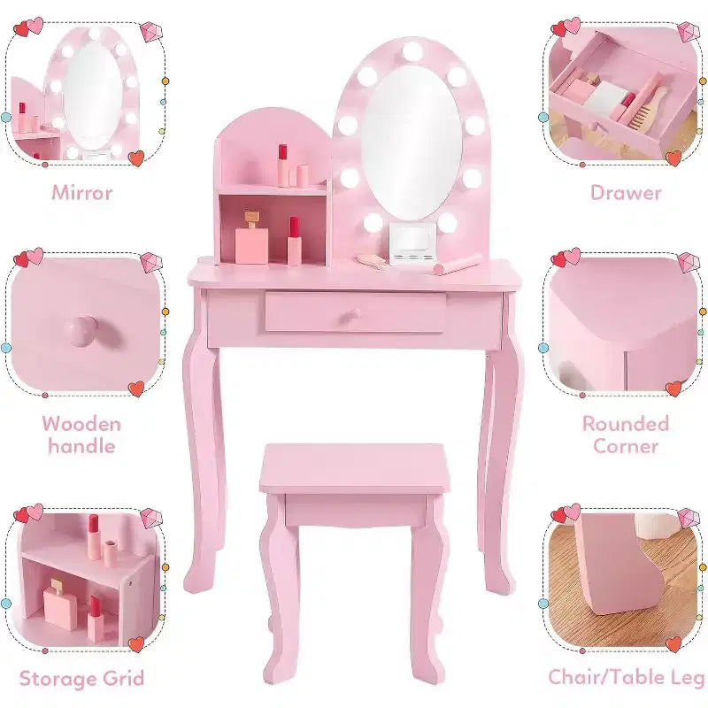 Toddler Vanity & Stool Set with Lighted Mirror, Girls Pretend Makeup Play Table, 2 Open Storage Shelves, Wooden Little Princess Dressing Table