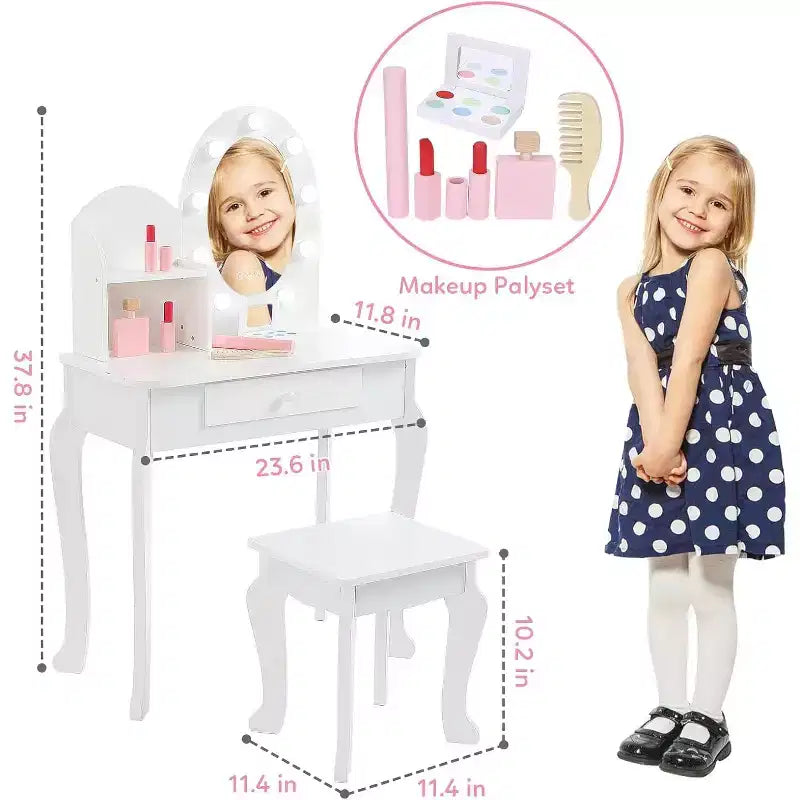 Tocador y taburete para niños pequeños con espejo iluminado, mesa de juegos de maquillaje de simulación para niñas, 2 estantes de almacenamiento abiertos, tocador de madera de princesita