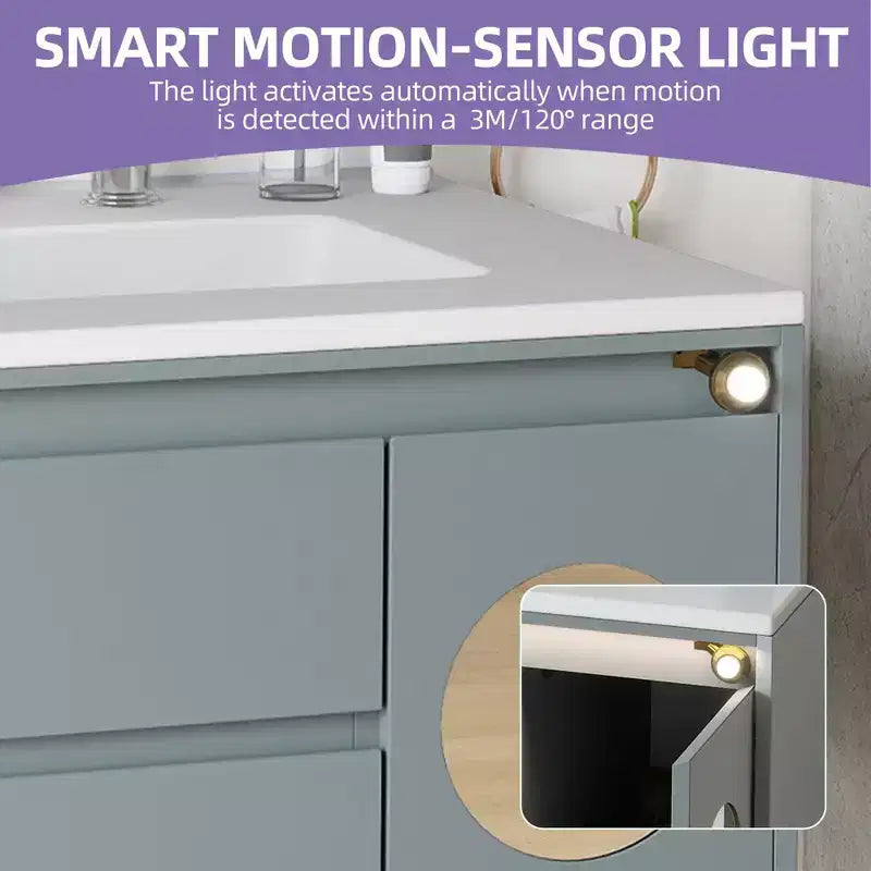 Tocador de baño moderno de 31 pulgadas montado en la pared, tocador de cerámica con 2 cajones y luz con sensor inteligente
