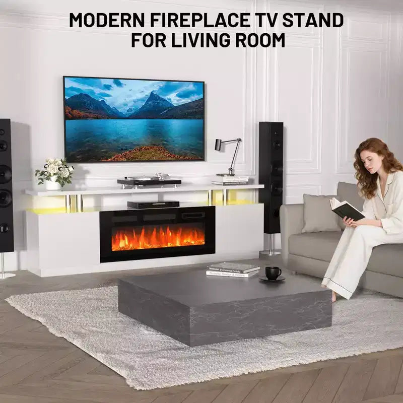Mueble de TV con Chimenea de 70'' con Chimenea de 36'', Centro de Entretenimiento, Mueble Consola de TV de 2 Niveles con Armario de Almacenamiento, Calentador de Chimenea Eléctrico