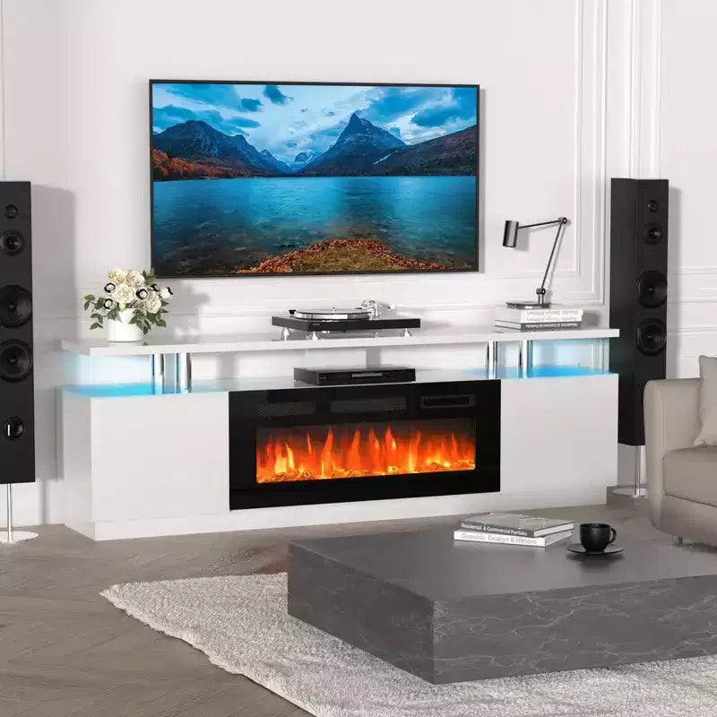 Mueble de TV con Chimenea de 70'' con Chimenea de 36'', Centro de Entretenimiento, Mueble Consola de TV de 2 Niveles con Armario de Almacenamiento, Calentador de Chimenea Eléctrico