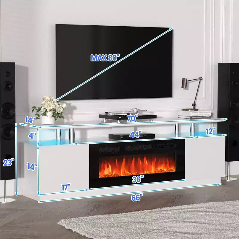 Mueble de TV con Chimenea de 70'' con Chimenea de 36'', Centro de Entretenimiento, Mueble Consola de TV de 2 Niveles con Armario de Almacenamiento, Calentador de Chimenea Eléctrico