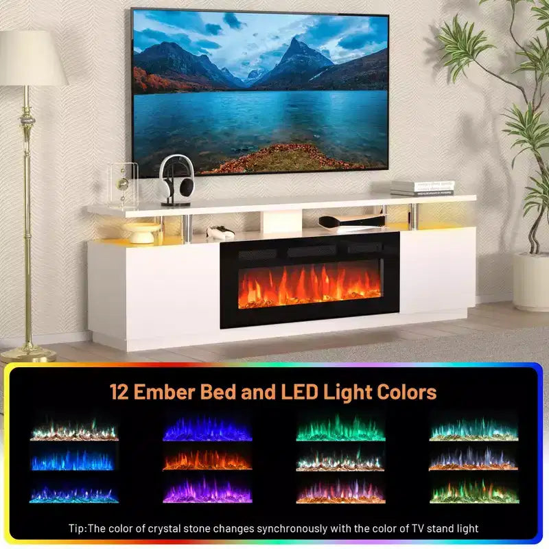 Mueble de TV con Chimenea de 70'' con Chimenea de 36'', Centro de Entretenimiento, Mueble Consola de TV de 2 Niveles con Armario de Almacenamiento, Calentador de Chimenea Eléctrico